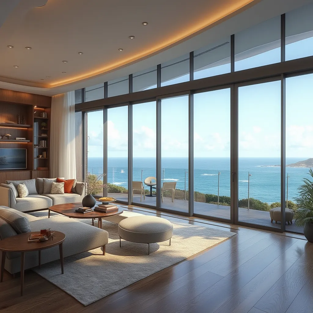 Vista interior de un apartamento de lujo con vista al mar en México
